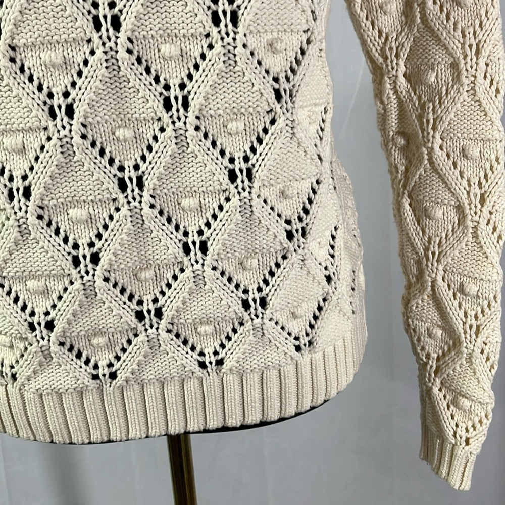 Tommy Hilfiger Cream Chunky Loose Pom Pom Knit Long Sleeve Cotton Sweater - Picture 14 of 16